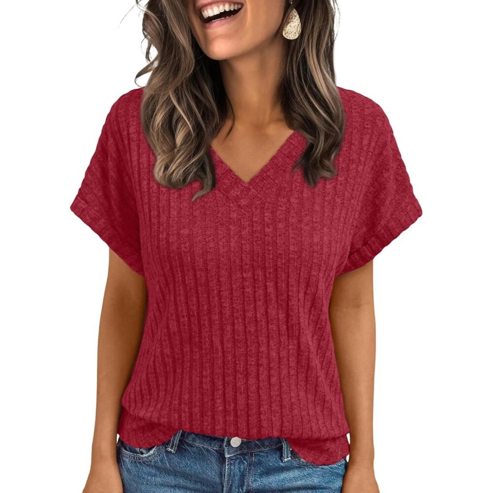 〽️Women's Red Short Sleeve Cute V Neck Stretch Ribbed Knitwear Pullover Sweater